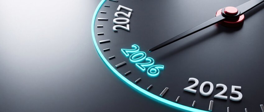 Clock face showing the transition from 2026 to 2027 year