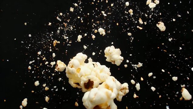 Spectacular 4K super slow-motion macro stock video capturing the explosive bursting and flying of individual kernels of roasted salted popcorn meticulously filmed at 1000fps against a dark backdrop