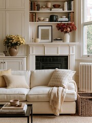 Fototapeta premium Cozy Living Room Interior with Plush Sofa, Bookshelf, and Autumnal Decor Accents