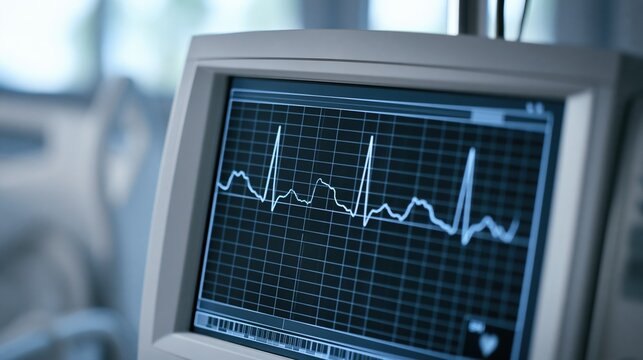 Close-up of a medical monitor displaying a vital ECG heart rhythm waveform, signifying health and emergency