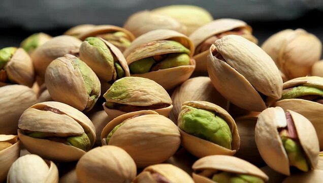 Excellent 4K stock video providing a highly detailed macro view of raw pistachio nuts clearly showcasing their characteristic light beige hard shells and the fascinating natural textures of