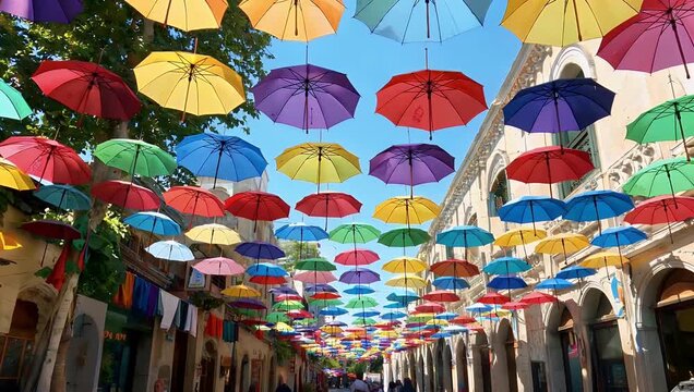 Vibrant 4K stock footage showcasing a colorful street scene in San Juan La Laguna Guatemala characterized by hundreds of umbrellas strung overhead which gently sway in the light wind known as La