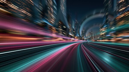 Fototapeta premium Abstract futuristic cityscape at night with colorful light streaks and motion blur effect