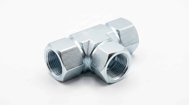 Shiny steel t-shaped pipe fitting connector featuring internal threading for industrial plumbing applications isolated on a clean white studio background