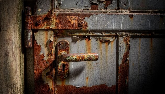 Rusty metal door with a corroded handle, peeling layers of paint, deep oxidation around hinges and lock.