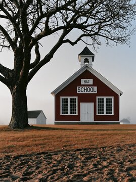 Historic One Room Red Schoolhouse with Large Tree and Outbuilding under a Hazy Sky