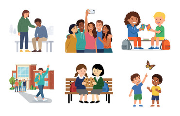 Fototapeta premium Illustrations Depicting Children's Friendship, Social Interactions, and Diverse Activities