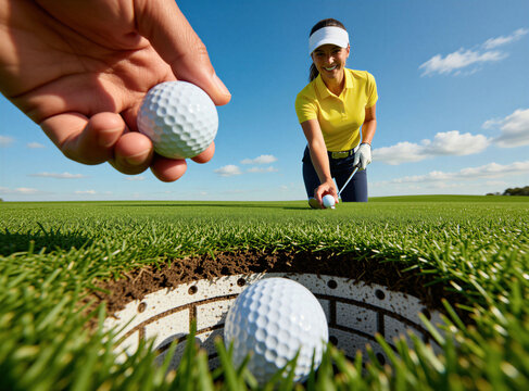 Golfer female takes white ball out from hole on green lawn after successful putt. Sportswoman wears yellow polo visor happy for winning game. Low angle view shows hand picking golf ball from cup on