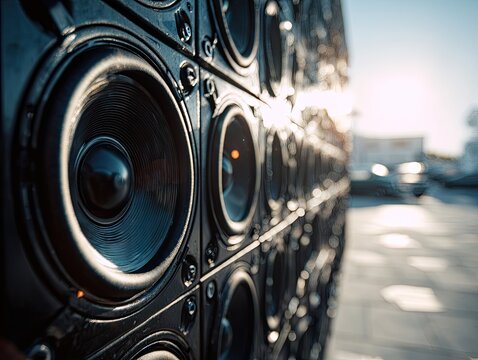 A close-up of a wall of speakers, revealing a sunlight-drenched, urban background