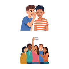 Fototapeta premium Vector illustrations of young friends sharing secrets and taking group selfie together