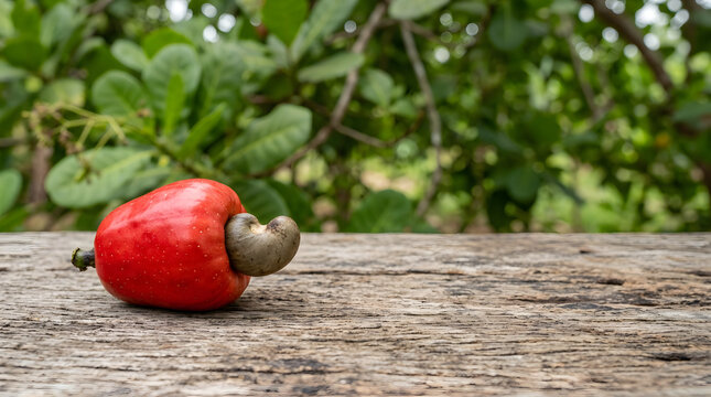 Fresh red cashew apple with raw nut on a rustic wooden board. Tropical agricultural fruit with blurred green foliage background