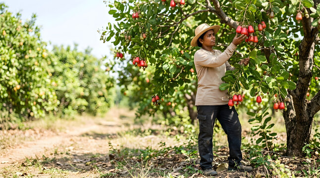 Female farmer harvesting red cashew apples from a tree in an orchard. Woman picking fresh tropical fruits and nuts on a sunny day