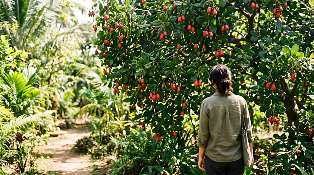 Woman looking at a cashew tree with ripe red apples in a tropical orchard. Female standing in a lush garden viewing fresh fruits and nuts
