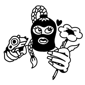 Edgy balaclava girl with gun and flower tattoo