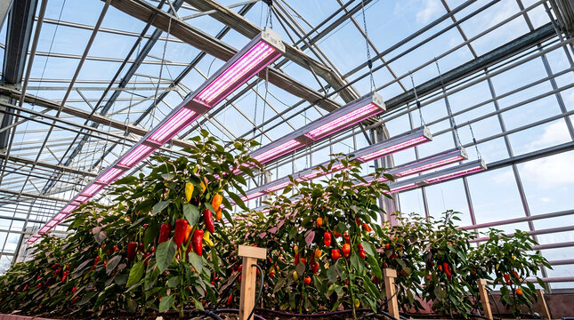 Commercial greenhouse growing bell peppers under pink LED grow lights. Modern indoor agricultural facility with artificial lighting technology