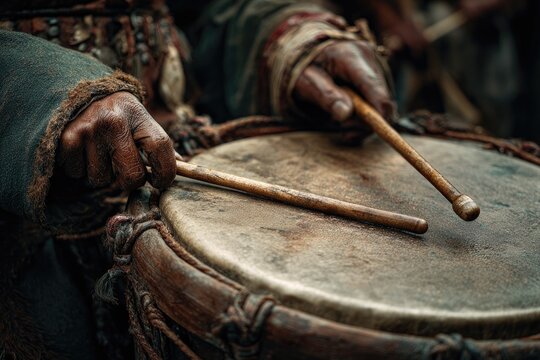 Close-up of hands drumming on a traditional skin drum, sticks in position
