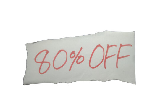 A small piece of paper with 80 percent off text written in red marker isolated on transparent background