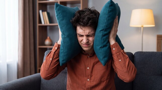 Stressed man covering ears with pillows to block out loud noise in living room