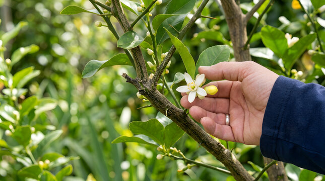 Hand gently touching a white blossom on a thorny lemon tree branch. Farmer inspecting citrus flowers and yellow buds in an orchard