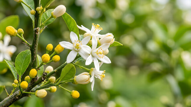 Close up of a cluster of white lemon blossoms and yellow buds on a branch. Detailed view of citrus flowers with blurred green bokeh background