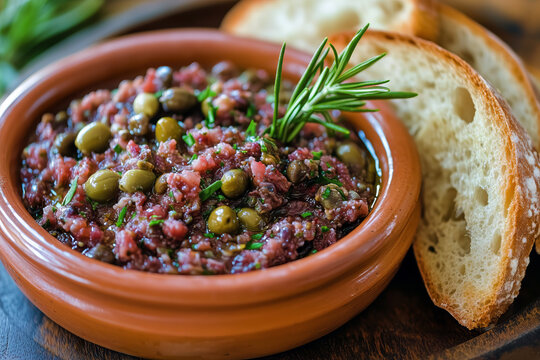 Beautiful presentation of a classic Mediterranean tapenade made from finely chopped olives, capers, and anchovies, styled with a sprig of rosemary and served in a small dish