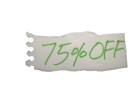 Seventy five percent off text written in green marker on a torn piece of paper isolated on transparent background