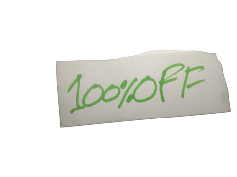 Handwritten note on paper saying 100 percent off for a special sale promotion isolated on transparent background