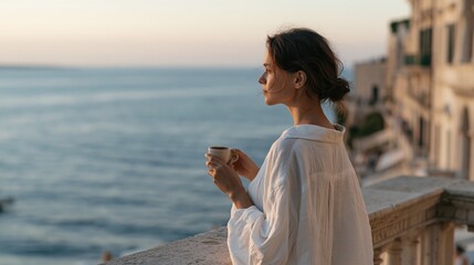 Fototapeta premium Serene Woman Enjoying Morning Coffee on a Balcony Overlooking the Ocean at Sunrise