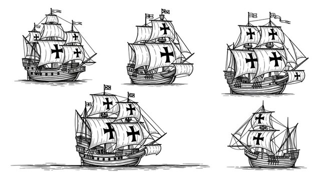 Vintage line art sketch illustrations of old sailing ships with crosses