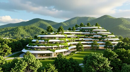 Fototapeta premium Modern eco building with green terraces, balconies in rich mountain landscape. Sustainable architectural design features white curved levels covered in plants. Luxury organic resort complex
