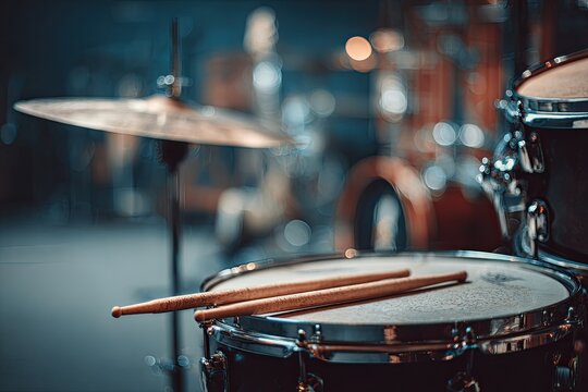 Close-up shot of drum set; focus on drumsticks, snare drum, cymbal, and blurred background