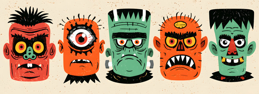 A funny set of Halloween cartoon monster heads in vector style, reminiscent of retro art