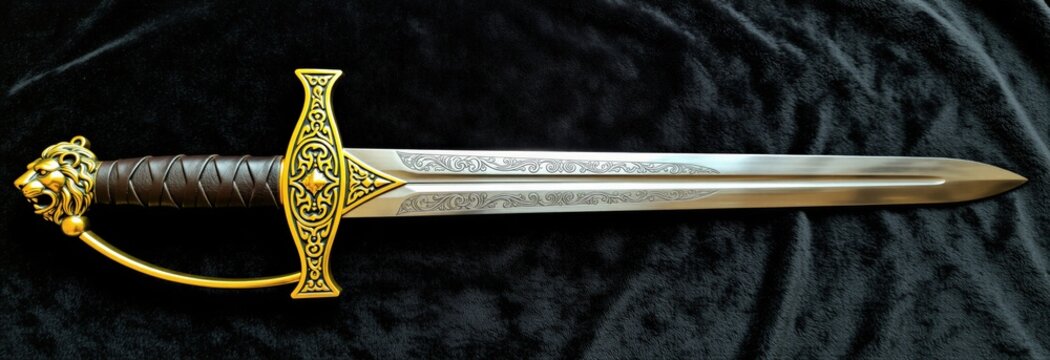 Ornate steel sword with engraved blade rests on dark background. Gold crossguard features lion pommel head design. Antique medieval weapon displays leather grip. Luxury metallic craft shows