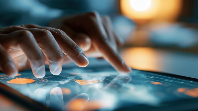 Close-up of fingers touching a digital tablet screen with glowing interface and reflections