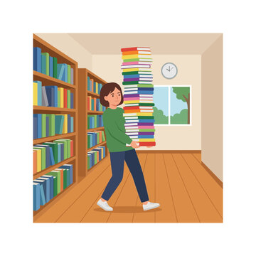 A young woman carrying a tall stack of colorful books inside a library with shelves and a window