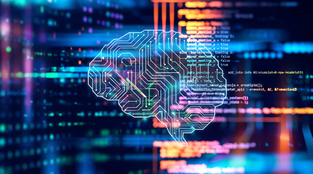 Digital AI brain concept with glowing circuit board lines and data code background.