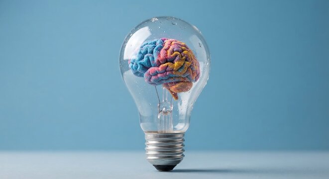 Colorful textured brain inside a clear light bulb on a blue background symbolizing creative thinking