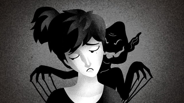 sad woman controlled like a puppet by a dark monster