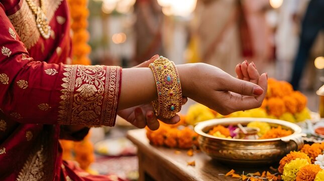 Traditional indian wedding ritual with closeup of bride wearing gold bangle and red saree