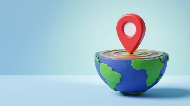Red location pin on a 3D globe model representing global navigation and travel.