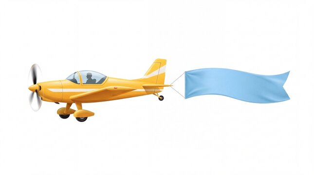 Yellow light aircraft pulling a blank light blue banner through clear skies on white background