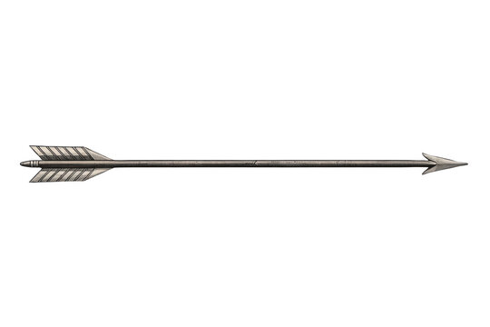 Long dark metallic arrow with feathered tail isolated on transparent background