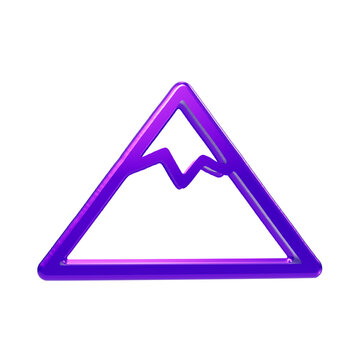 Glossy purple 3d mountain peak with snow cap outline isolated on a black background