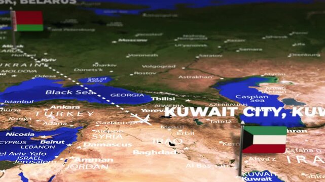 Flight From Minsk BELARUS to Kuwait City KUWAIT with flag pins