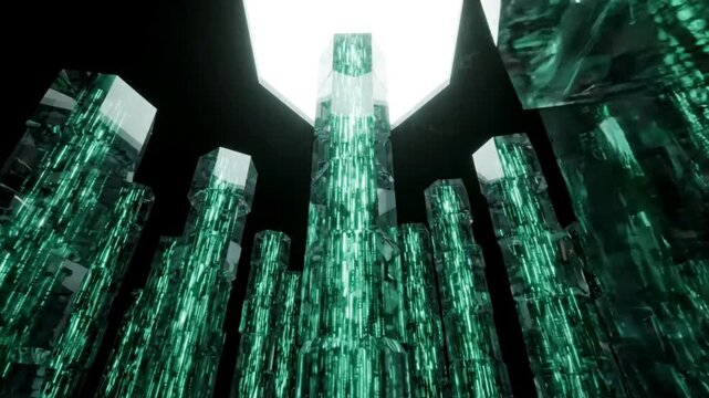 Futuristic Abstract Sci-Fi Environment Featuring Glowing Green Crystal Columns and Dark Atmospheric Lighting for Digital Backgrounds