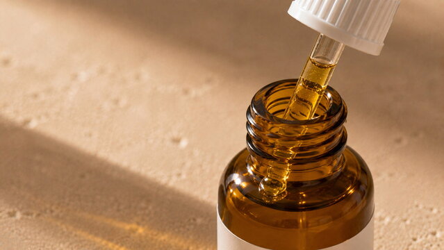 High-end skincare macro photography showing a glass dropper partially inserted into an amber facial oil bottle, revealing luminous golden serum, transparent glass details and warm sunlight on beige li
