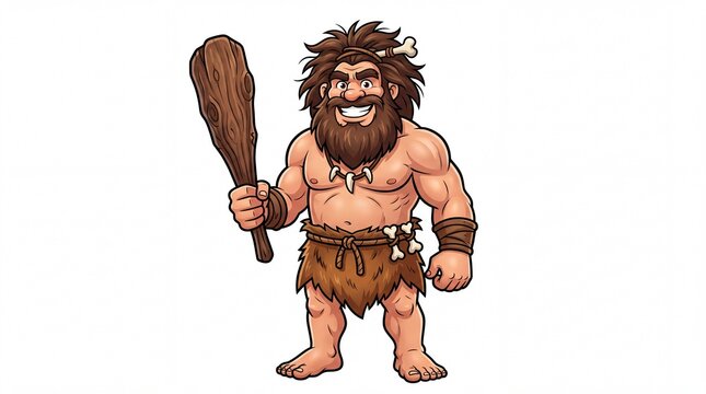 Muscular prehistoric caveman holding a large wooden club while standing isolated on white background