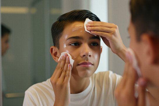 Young boy cleans face in bathroom mirror with lotion and wet wipes. Teenager does daily skincare routine, focusing on hygiene and acne treatment for healthy skin.
