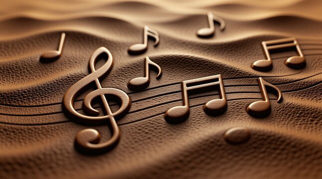Brown musical notes and treble clef embossed on wavy textured surface. Abstract background suggests melody composition and sound waves. Elegant visual for music concepts.