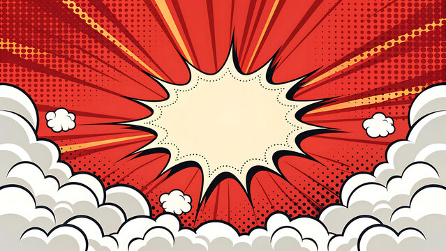 Comic book explosion background with red rays and white clouds